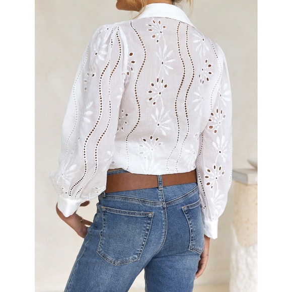 White Boho Eyelet Shirt, French Style Collar Button Front, Eyelet Embroidery - Picture 7 of 14